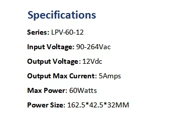 Alimentation LED 12V IP67, Classe 2, 60W 12V 5A MEAN WELL LPV-60-12 - image 3