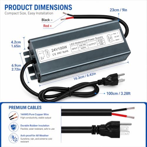 24V Power Supply 100W, IP67 Waterproof LED Driver Transformer, AC 90-265V to DC 24V 4.16A Converter for Outdoor Landscape Lighting, LED Strip, Garden Lights, 3-Prong Plug with 3.3FT Cable - image 12