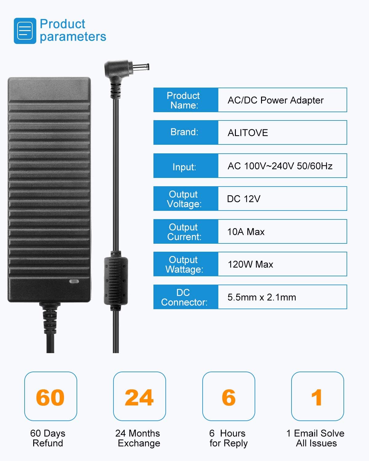 ALITOVE 12V Power Supply 10A 120W AC Adapter 100-240V 50-60HZ Transformer AC to DC Converter 12 Volt 10 Amp with 5.5x2.5mm Output Jack for 5050 3528 LED Strip Light CCTV Cameras 3D Printer - image 2