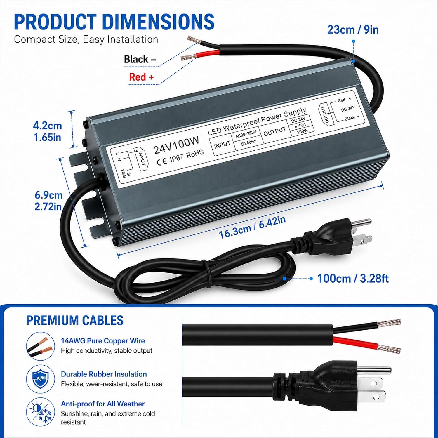 24V Power Supply 100W, IP67 Waterproof LED Driver Transformer, AC 90-265V to DC 24V 4.16A Converter for Outdoor Landscape Lighting, LED Strip, Garden Lights, 3-Prong Plug with 3.3FT Cable - image 3