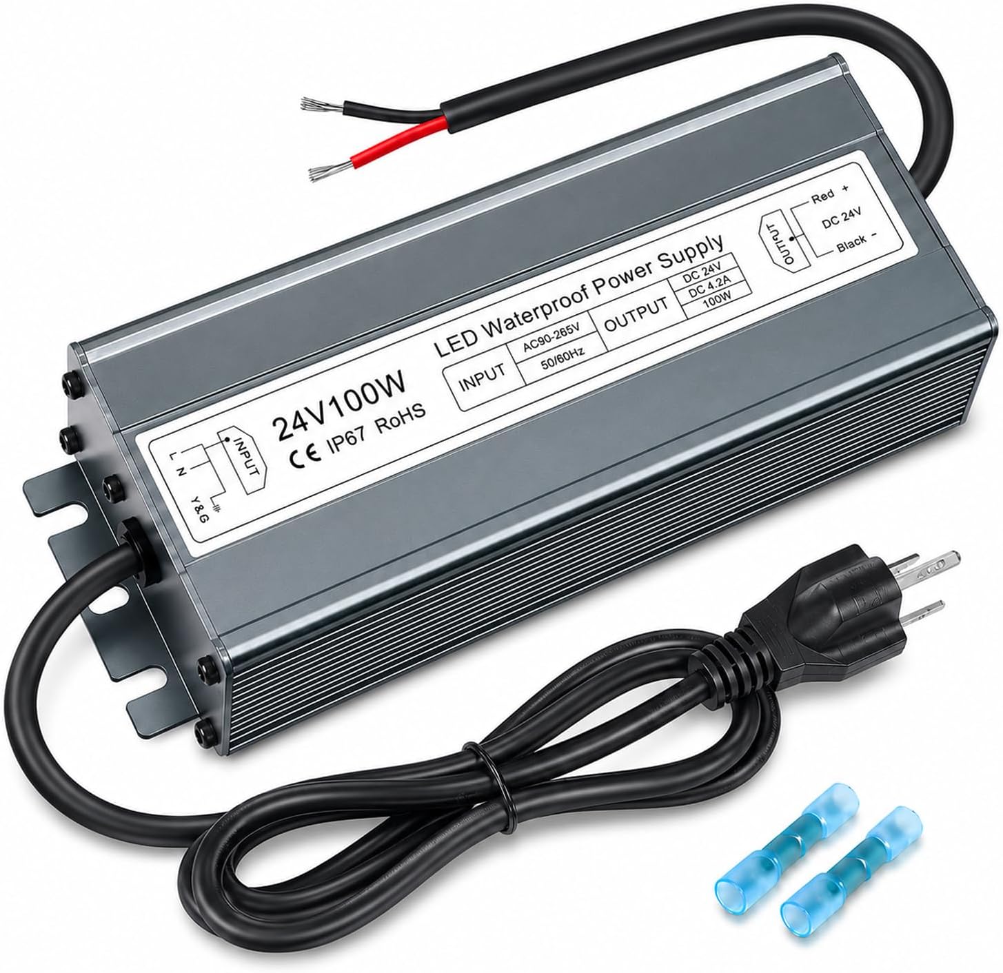 24V Power Supply 100W, IP67 Waterproof LED Driver Transformer, AC 90-265V to DC 24V 4.16A Converter for Outdoor Landscape Lighting, LED Strip, Garden Lights, 3-Prong Plug with 3.3FT Cable