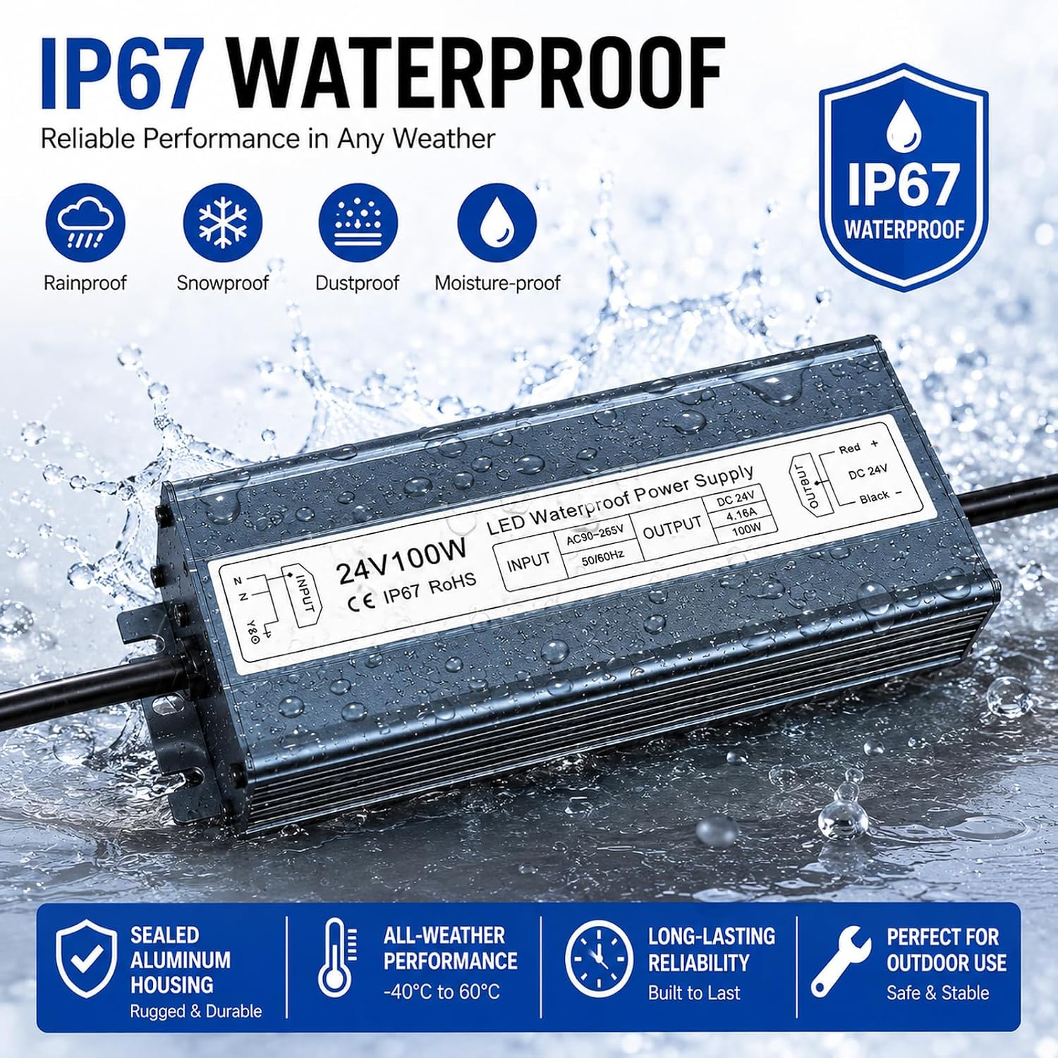 24V Power Supply 100W, IP67 Waterproof LED Driver Transformer, AC 90-265V to DC 24V 4.16A Converter for Outdoor Landscape Lighting, LED Strip, Garden Lights, 3-Prong Plug with 3.3FT Cable - image 4