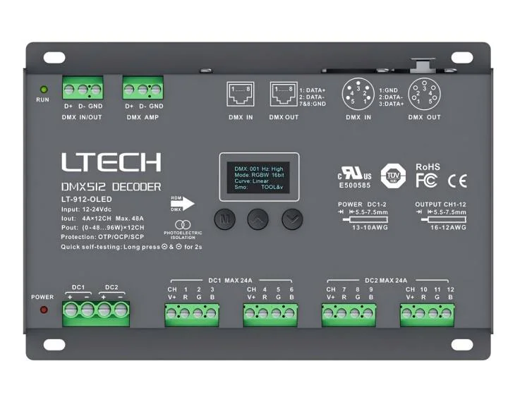 LT-912-OLED LTECH 12通道CV DMX/RDM解码器 – 4A/通道，最高1152W - 图片 2